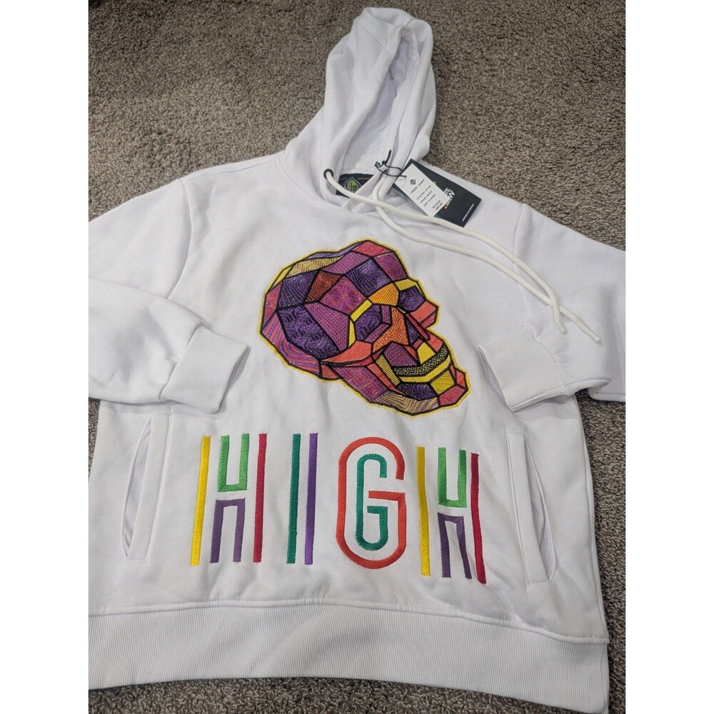 NWT Create 2mrw White Skull Hoodie "HIGH" Colorful Size XL *Stains On Hood